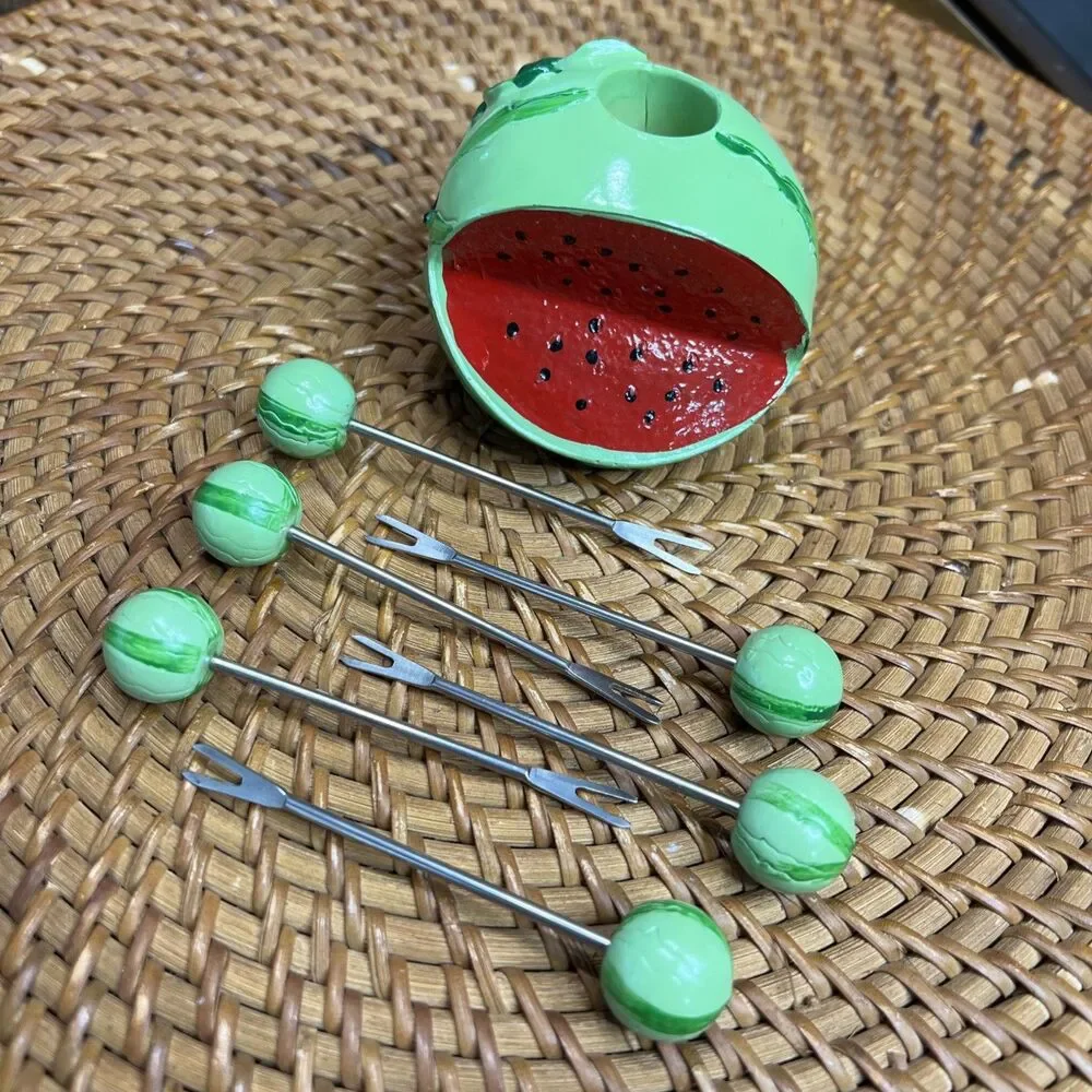 Mid Century 7 pcs Watermelon Fruit Hors d’oeuvre appetizer forks picks Vintage